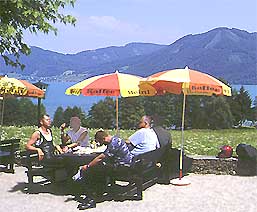 biker in an restaurant at the Attersee